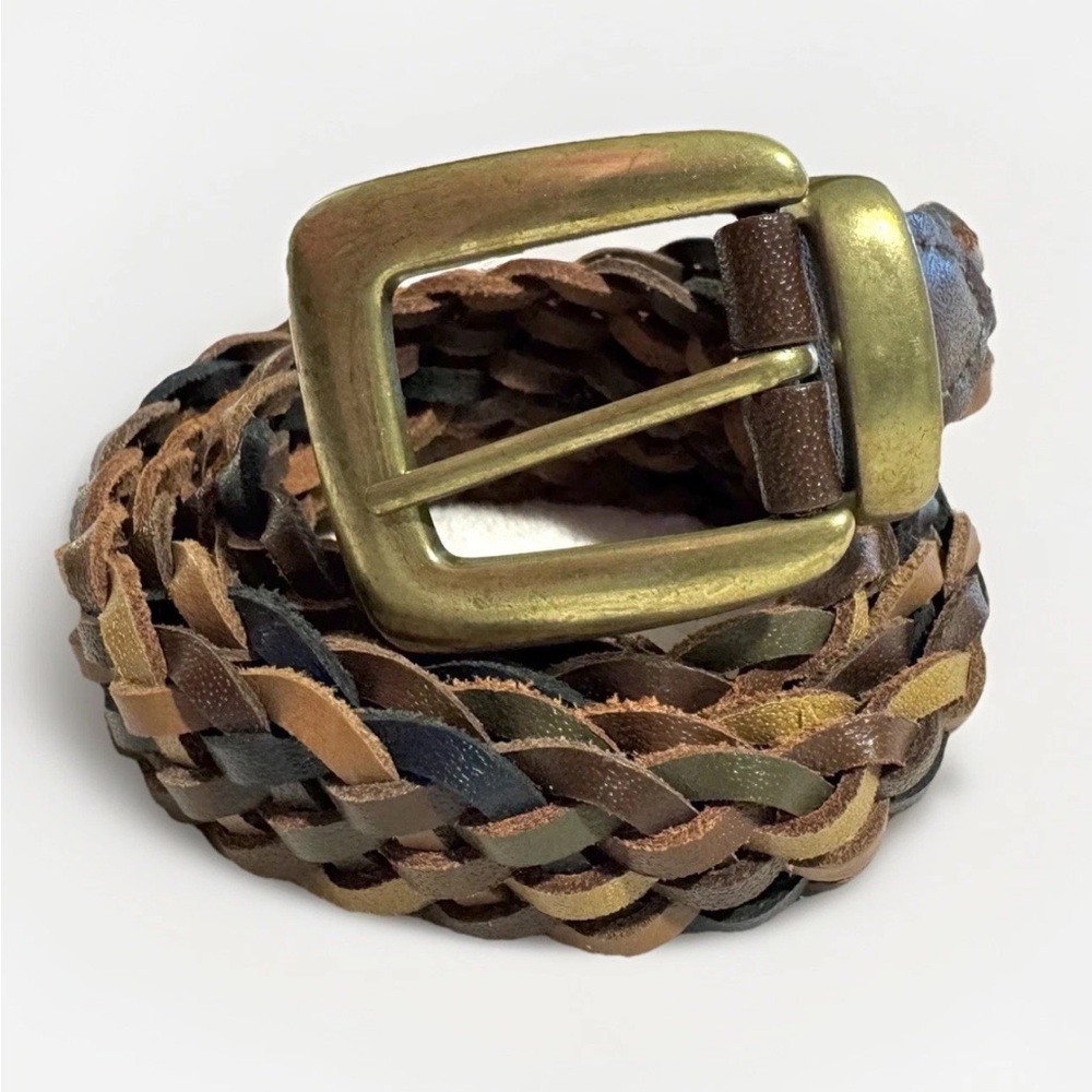 Vintage Woven Brown Tri-Color Genuine Leather Belt Brass Buckle Adult Sz XL